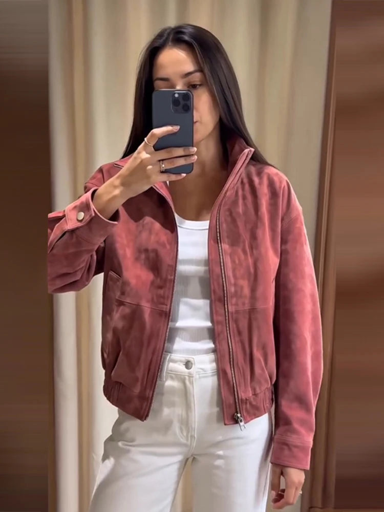 Giacca Bomber da Donna in Finta Pelle Scamosciata, Collo Alto, Chiusura a Zip, Spalle Cadenti, Orlo Elastico, Abbigliamento Casual Autunnale, Cappotto alla Moda 2026