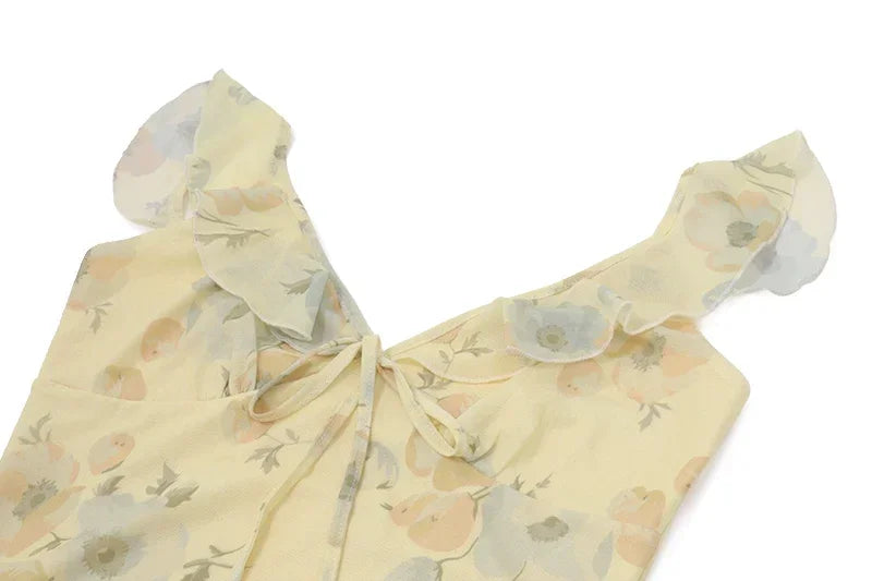 Abiti retrò con scollo a V Abito lungo maxi con stampa floreale gialla senza maniche Abiti eleganti da festa femminili a vita alta