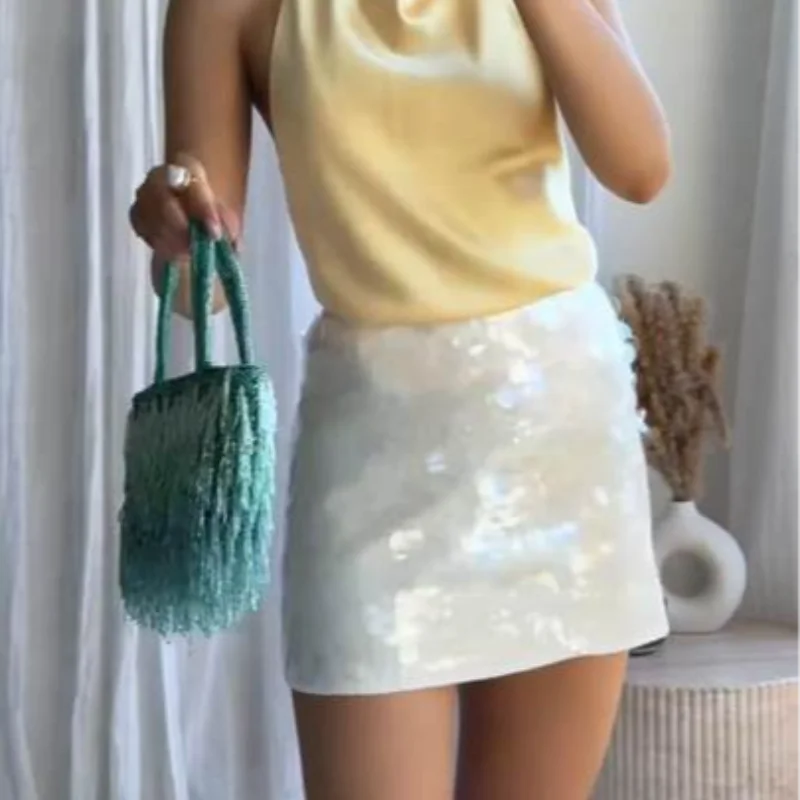 Sexy paillettes volant mini abito fionda donna solido scollo a V senza maniche backless abiti a trapezio 2025 estate signora chic abiti da festa
