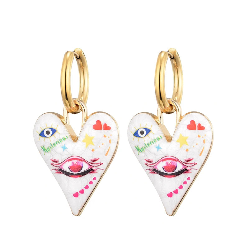 Nuovi orecchini a cerchio in acciaio inossidabile con occhio di cuore carino alla moda per le donne Gioielli femminili di amore con pendente color oro smaltato vintage colorato