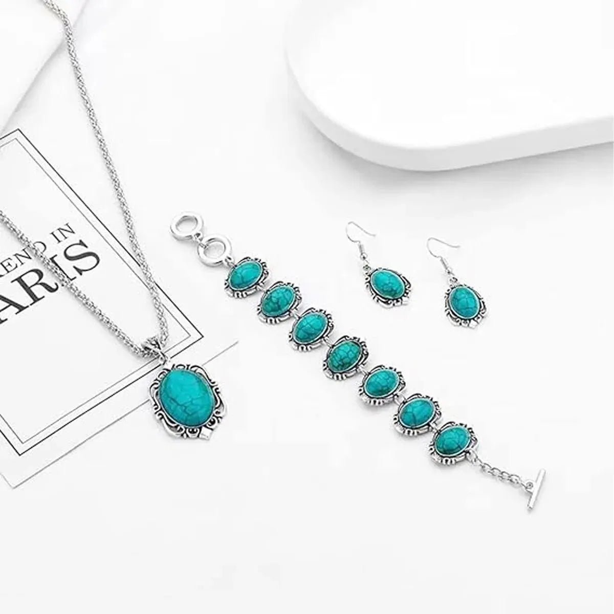 Set di orecchini con collana e bracciale turchese vintage da donna da 3 pezzi, regalo con decorazione in pietra curativa (senza scatola)