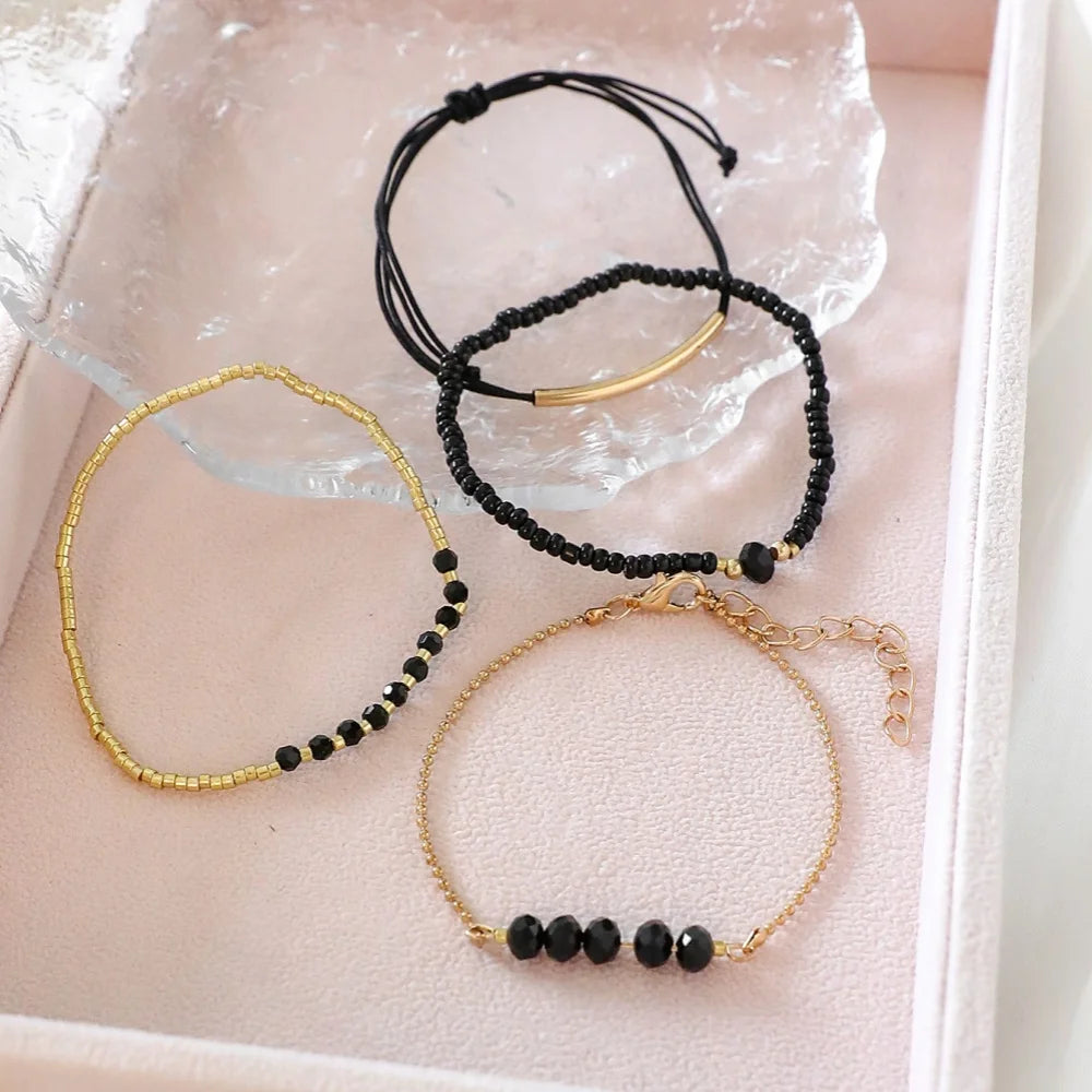 4 pièces/ensemble, bracelets tendance en pierre de verre noire pour femmes, bijoux bohèmes faits à la main