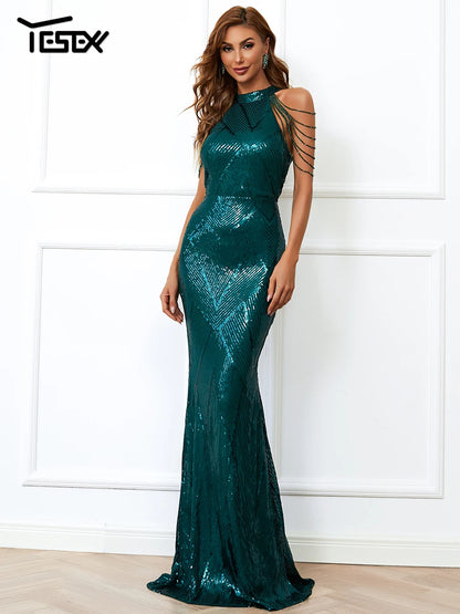 Yesexy New Robe Summer Dress Women Party Sexy Halter paillettes Beaded Maxi Elegant Evening Vestidos Bodycon Long Dresses