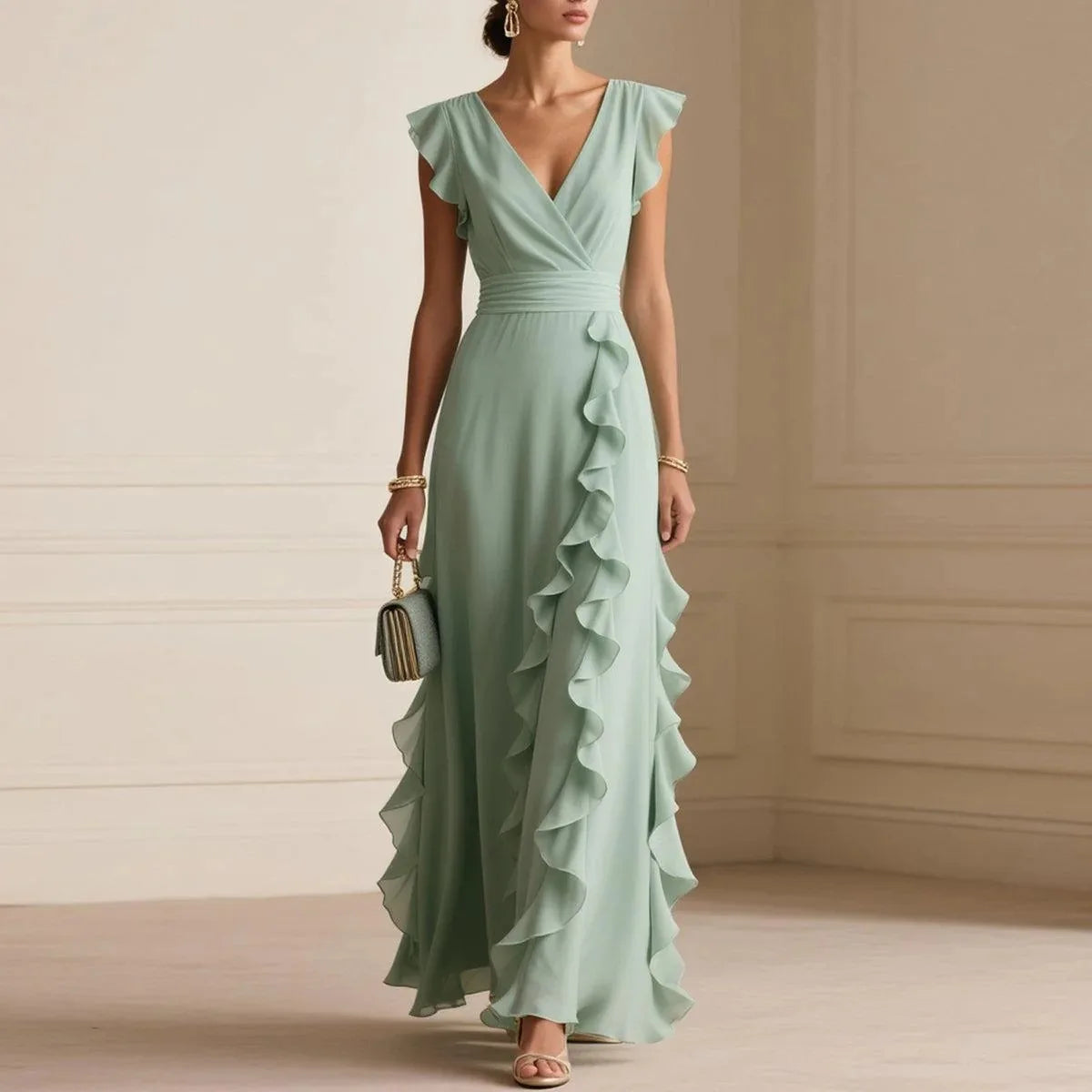 Abito lungo da donna elegante in tinta unita con volant senza maniche sexy con scollo a V Abiti lunghi da sera per feste da donna bohémien alla moda