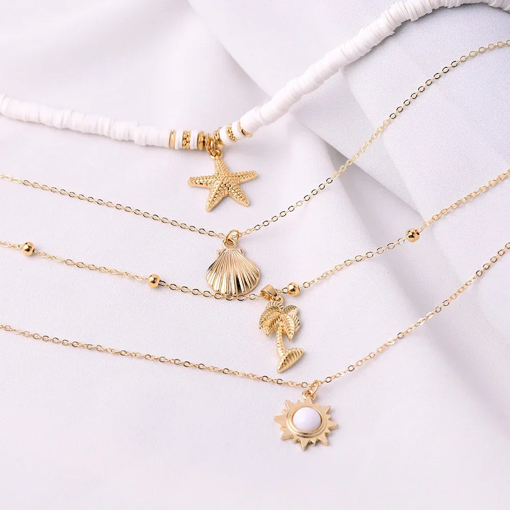 Collier de bijoux de plage d'été bohème tendance pour femmes, pendentif étoile de mer et coquillage en poterie douce, style vintage, multicouche, ras-de-cou, cadeaux
