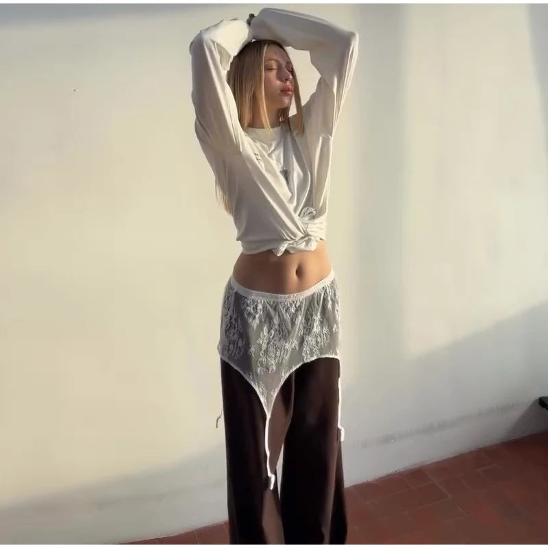 Accessorio per la Vita in Pizzo Trasparente con Peplum Estensibile, Stile Y2K, Vita Alta, Top Finto a Strati, Moda Streetwear, Primavera 2026