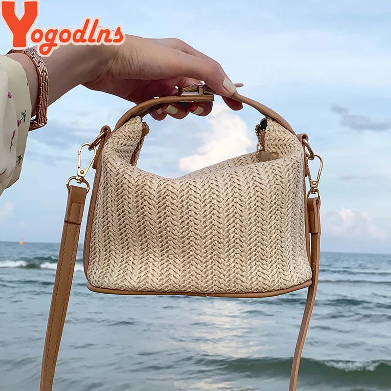 Yogodlns Borsa estiva piccola in paglia Borsa a tracolla alla moda Borsa a tracolla a secchiello intrecciata Borsa da spiaggia casual al mare Borsa con manico per ragazze