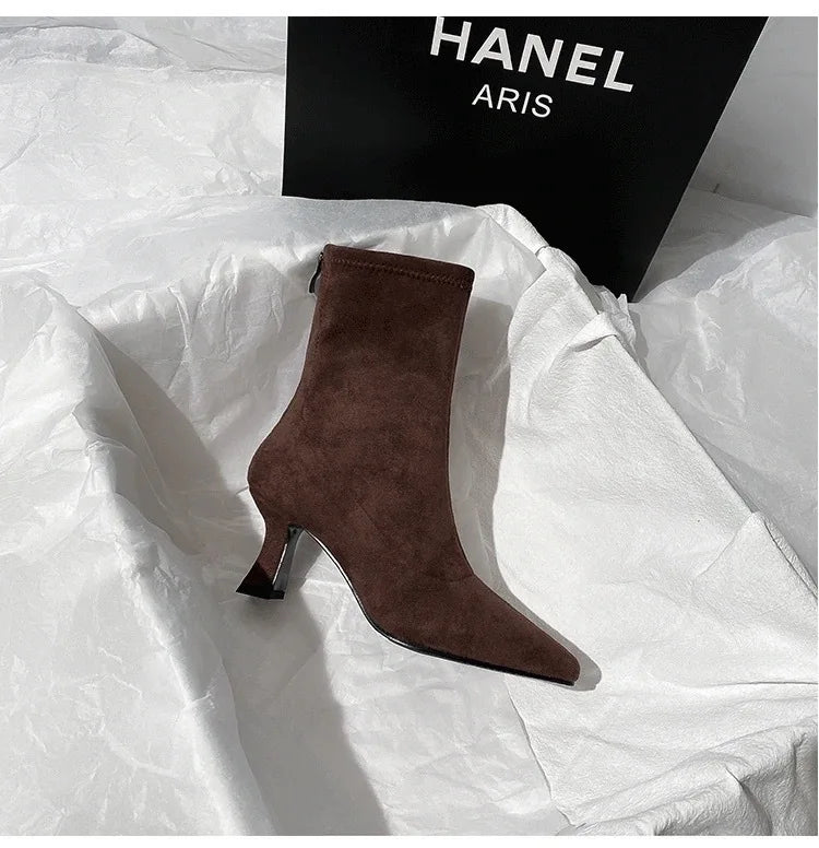 Pointed Toe Women Sock Short Boots Fashion Side Zipper  Ankle Booties Thick High Heel Autumn Winter Ladies Shoes Botas Femininas