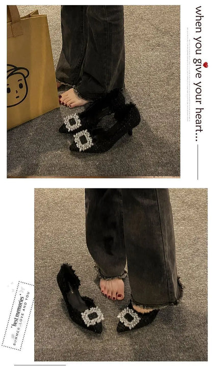Stiletto Heels 2024 White Wedding Shoes Fashion Pointy Square Button Rhinestone Sandals Temperament Women's Women's Shoes