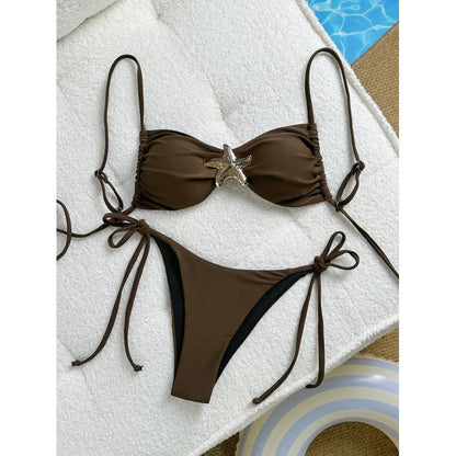 Costume da bagno bikini sexy a tinta unita, due pezzi, ad asciugatura rapida, senza schienale, in tessuto di nylon ad alta elasticità per nuoto e attività acquatiche.