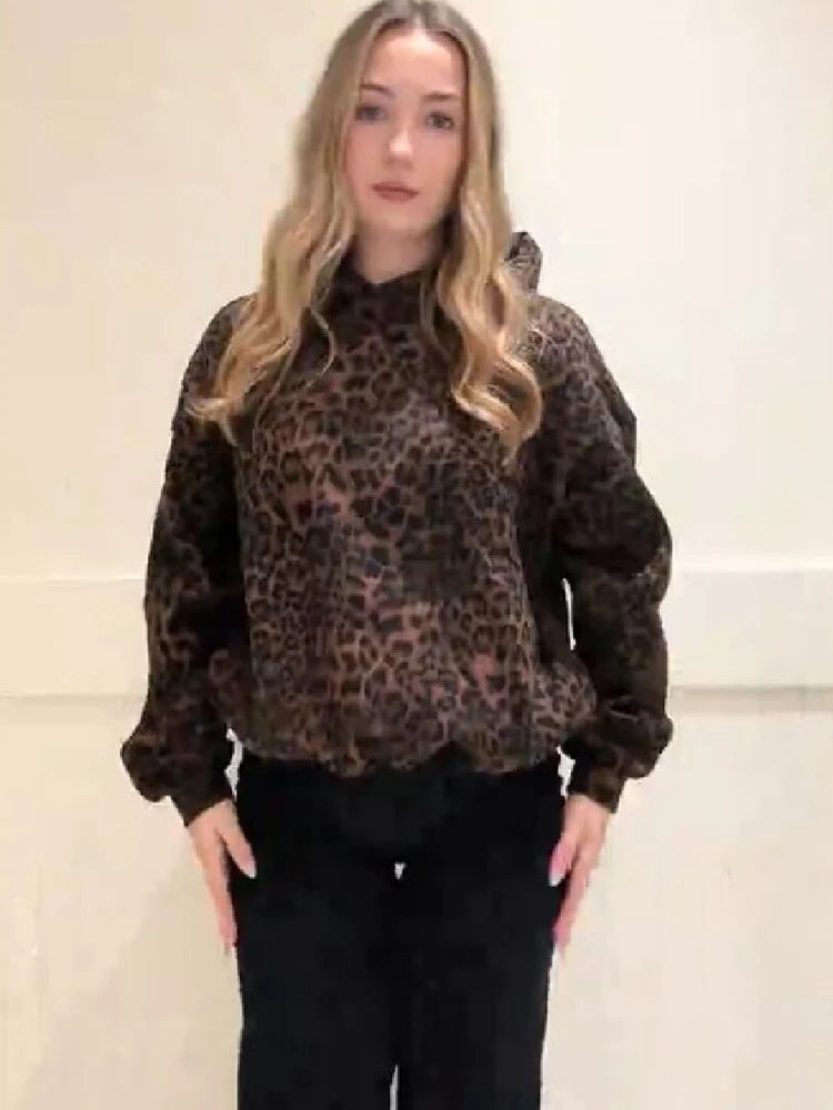 Felpa con Cappuccio Vintage Chic con Stampa Leopardata, Maniche Lunghe, Vestibilità Ampia, Stile Casual, Outfit Trendy e alla Moda per Donna