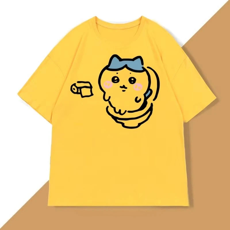 T-shirt da donna "Hachiware on The Toilet" divertente in stile Harajuku, a maniche corte, con scollo rotondo, maglietta umoristica, abbigliamento casual e comodo.