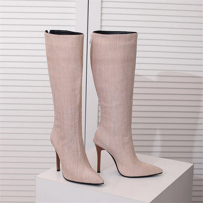 2025 White Snake Print Leather Knee High Boots Thin Heel Zipper Sexy Party Shoe Pointy Toe Thigh High Woman Long Boot Size 34-43