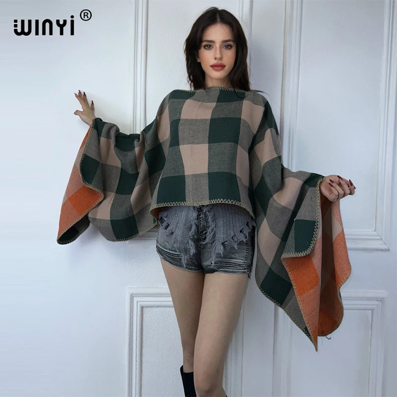 WINYI moda invernale stampa abito in maglia mantello moda maxi abito da vacanza Poncho invernale da festa elegante per mantello ampio da donna