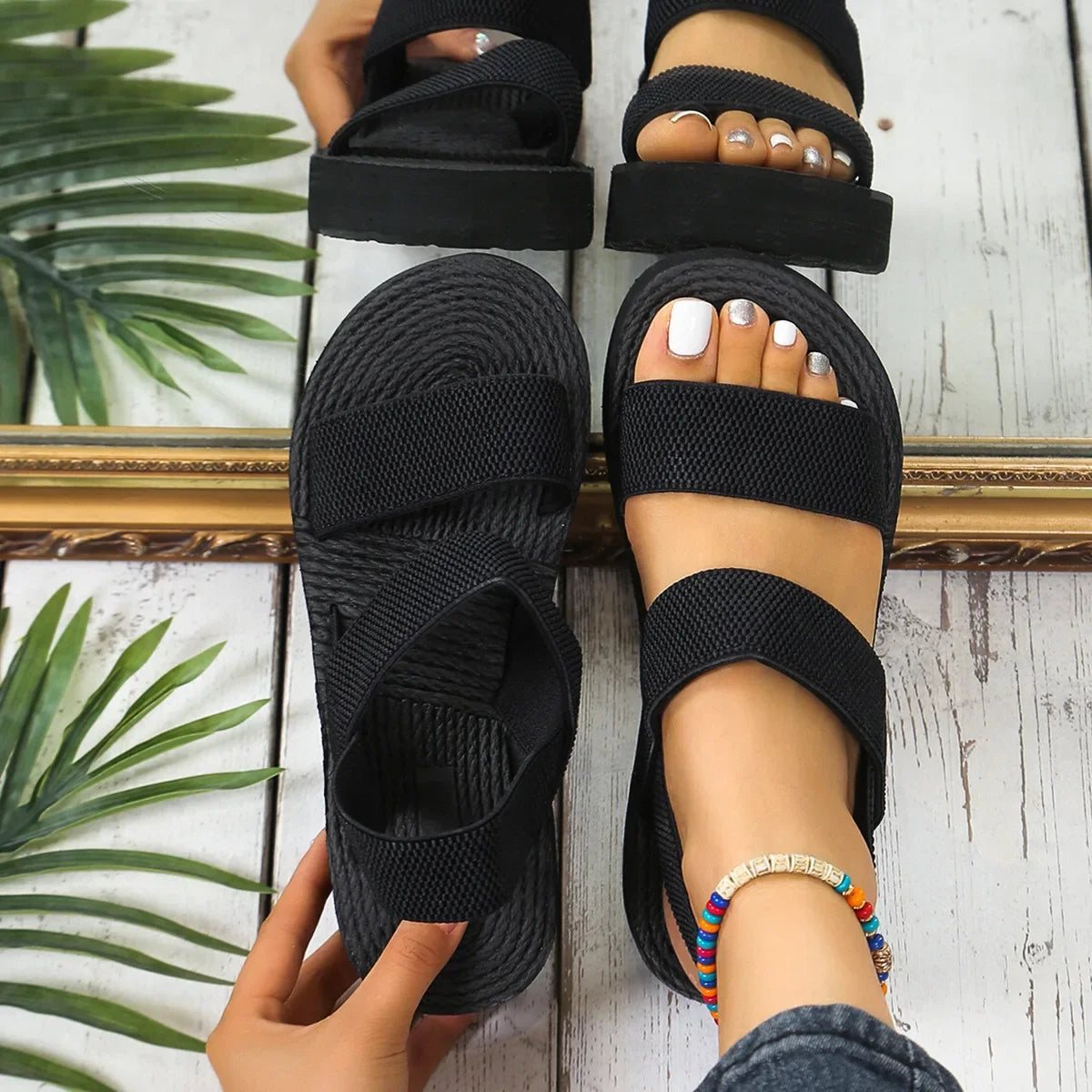 Damen-Sommersandalen, Keilsandalen, lässige Plateau-Sandalen, Knöchelriemen-Sandalen, leichte Damenschuhe in Unifarben