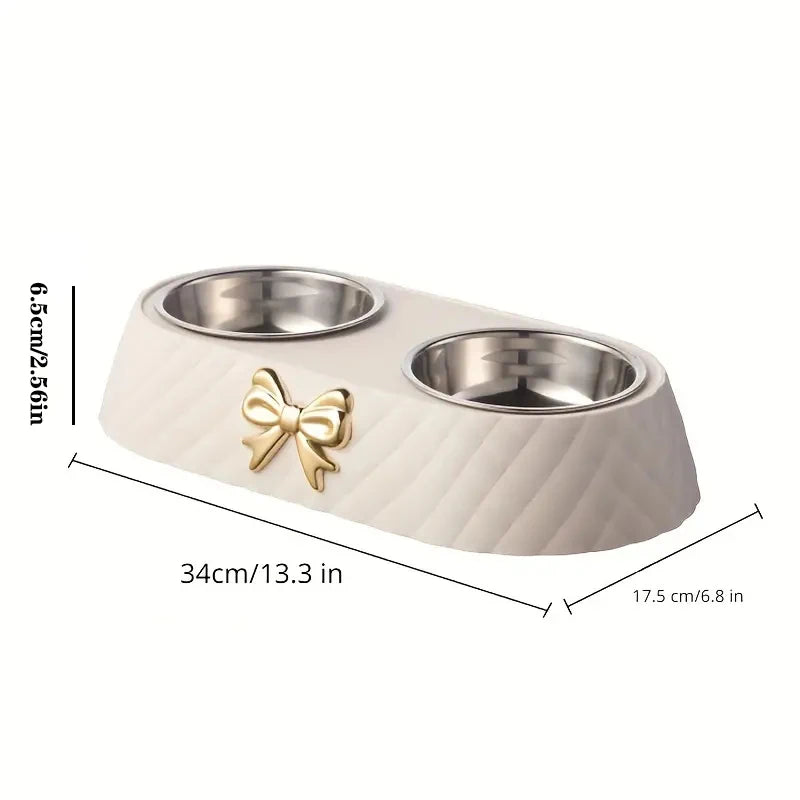 Forniture per animali domestici Papillon Bowknot Ciotola per cibo per gatti Base in PP Ciotola per cani Doppio accessorio per animali domestici in acciaio inossidabile Alimentazione Bere Doppia ciotola