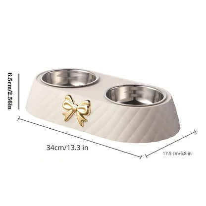 Forniture per animali domestici Papillon Bowknot Ciotola per cibo per gatti Base in PP Ciotola per cani Doppio accessorio per animali domestici in acciaio inossidabile Alimentazione Bere Doppia ciotola