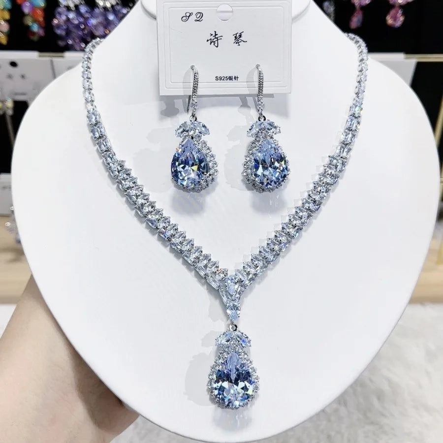 Ensemble Collier Boucles d'Oreilles de Luxe Gouttes Bleues Zircon Tendance Mode Féminine 2025