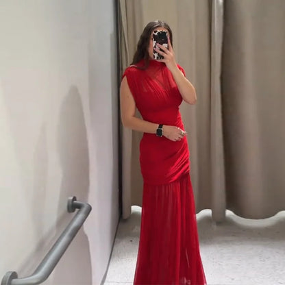 Maglia sexy vedere attraverso lungo abito rosso senza maniche piega patchwork a-line maxi abiti da festa femminile 2025 estate signora abiti slim