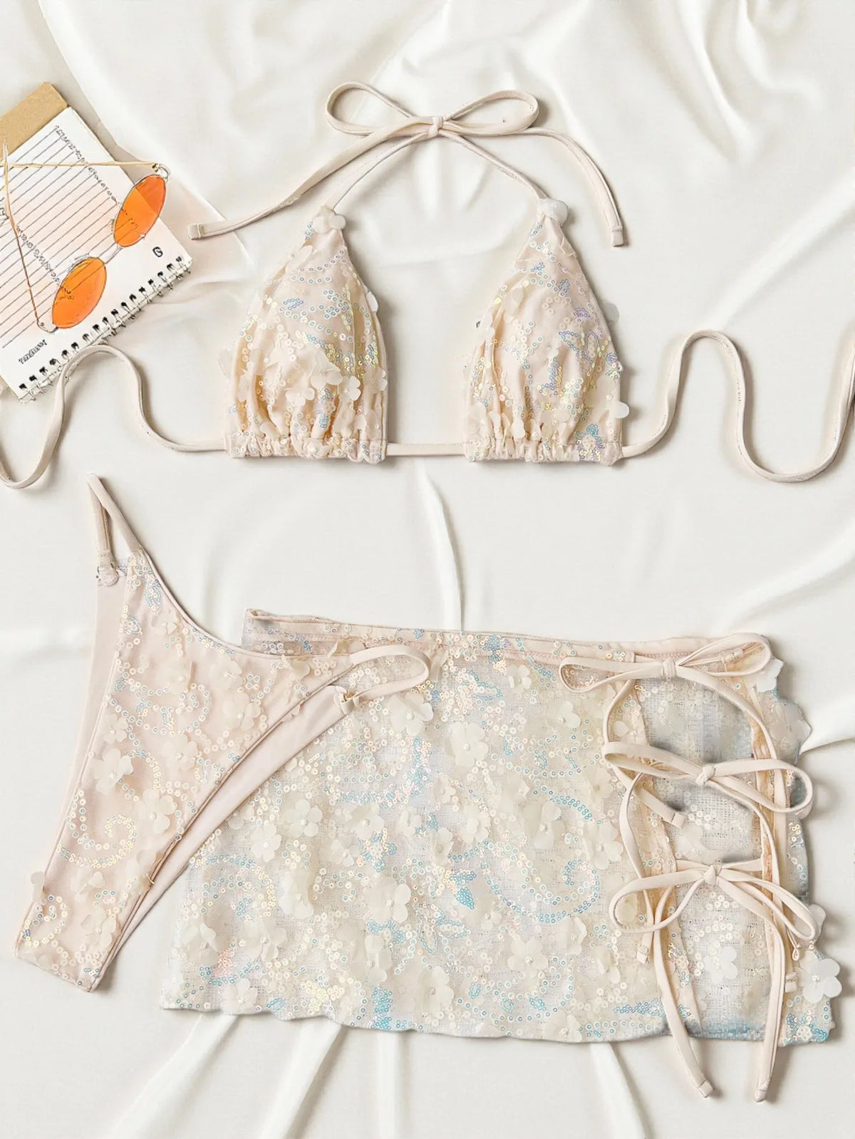 Costume da bagno a 3 pezzi con gonna in rete rosa con paillettes, reggiseno push-up e perizoma, stile brasiliano, per donna, ideale per le vacanze.