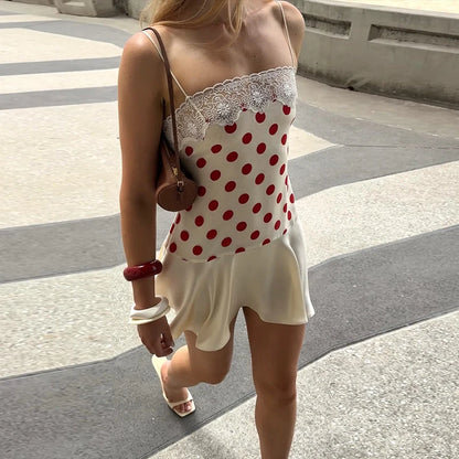 Abito Elegante Estivo 2026 da Donna con Stampa a Pois e Inserti in Pizzo, Vestito da Spiaggia Senza Maniche con Schiena Scoperta in Raso e Spalline Sottili
