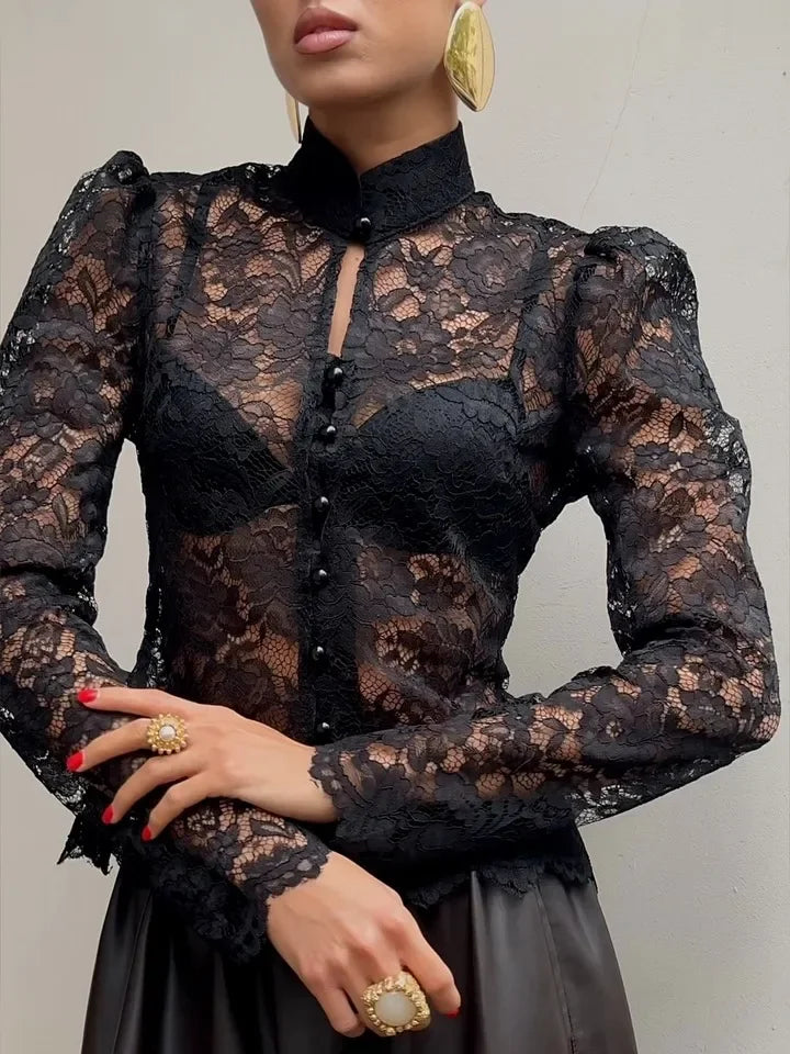 Elegante pizzo vedere attraverso camicia cinese donna sexy manica intera monopetto slim camicetta corta 2026 Lady Daily Street Shirts