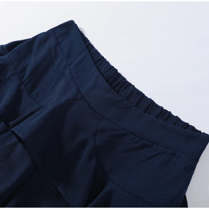 Pantaloni a Balze a Strati Blu Navy alla Moda da Donna, a Vita Alta e Gamba Larga, Lunghi, Nuova Collezione 2026, Casual da Vacanza e Streetwear