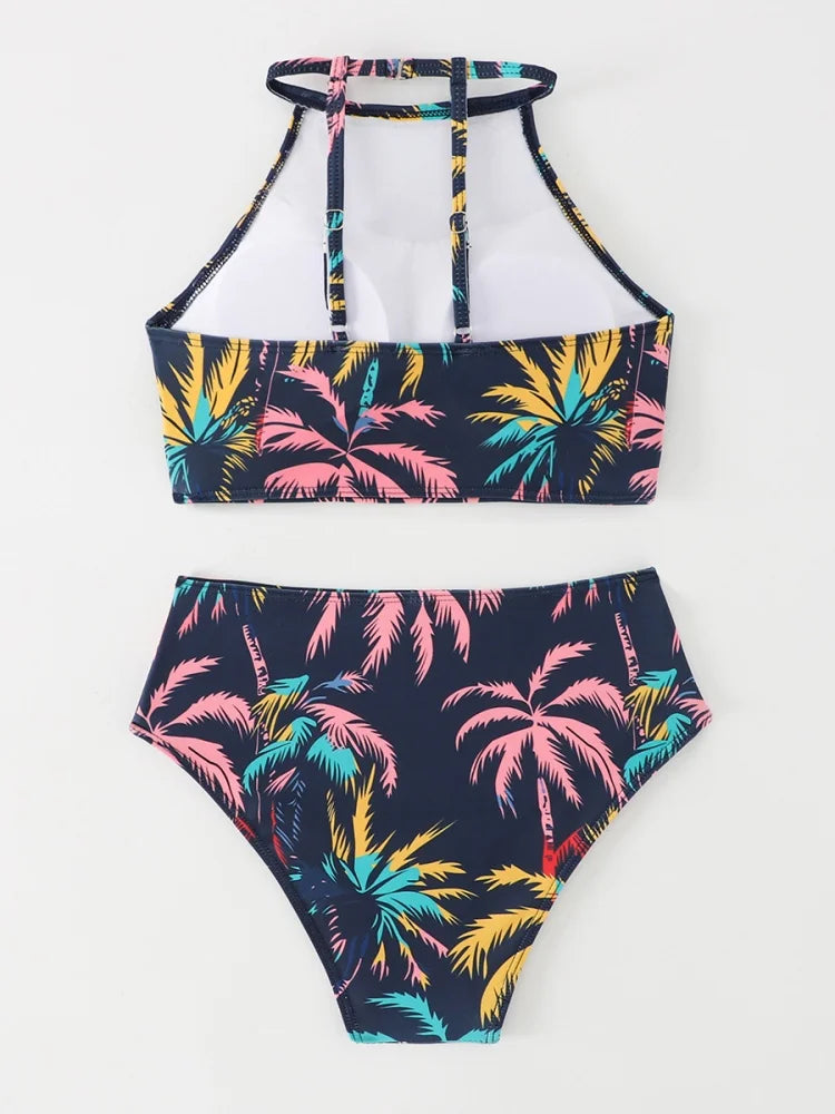 Costume da bagno bikini da donna 2026, nuovo set bikini con stampa albero di cocco, sexy, a vita alta, per l'estate e la spiaggia