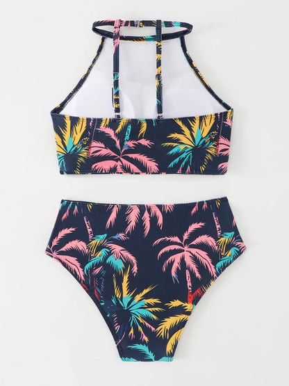 Costume da bagno bikini da donna 2026, nuovo set bikini con stampa albero di cocco, sexy, a vita alta, per l'estate e la spiaggia