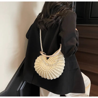 Borse a tracolla da donna all'uncinetto a forma di conchiglia creativa Divertenti catene di perle carine Borsa a tracolla in tessuto fatto a mano Novità piccole borse