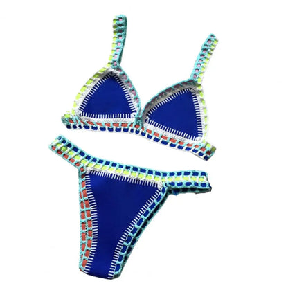 2 Pcs/Set Summer Bikini Set Bathing Suit Bright Color Patchwork Beachwear Handmade Crochet Women Swimsuit for Beach
