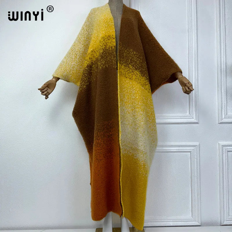 WINYI abiti invernali per le donne cappotto neutro in pelliccia di lusso spesso confortevole caldo cappotto con stampa graduale poncho lungo abito da festa in piuma