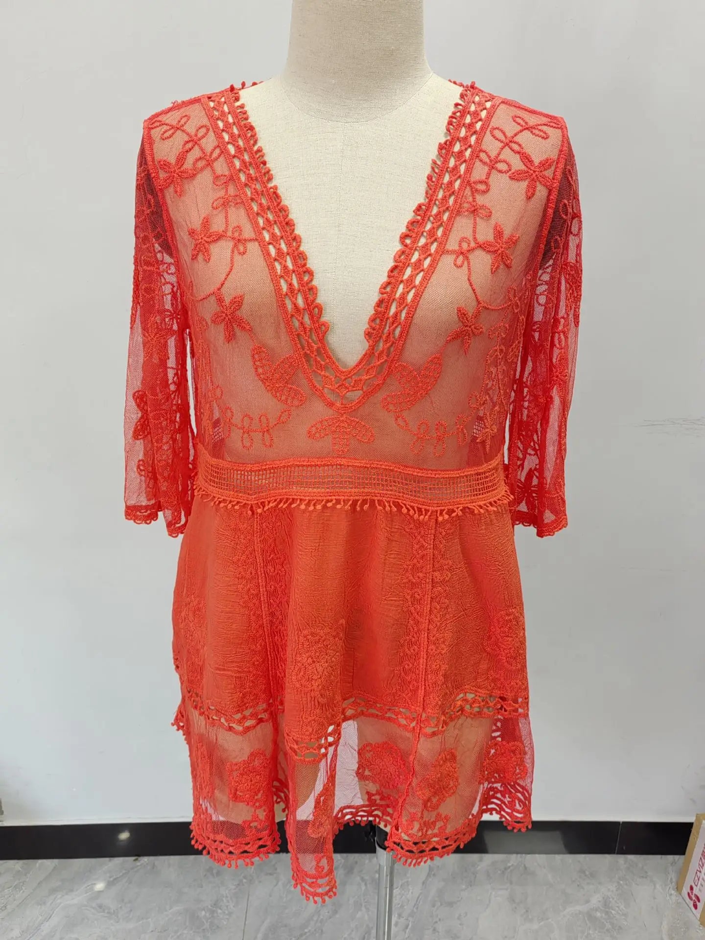 Copricostume da donna in rete con scollo a V profondo, sexy, per l'estate, vestito da spiaggia a maniche corte in pizzo traforato