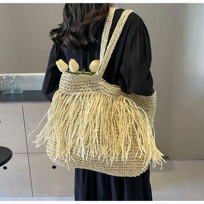 Borse a tracolla da donna in tessuto con nappe casual Borse da donna con frange fatte a mano Borsa tote grande da spiaggia estiva Borsa shopper grande per le vacanze