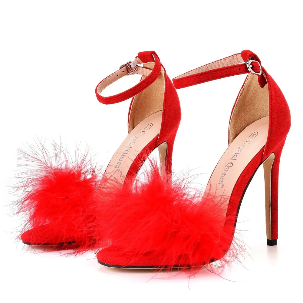 Sexy Feather High Heel Sandals Women's European  American Large 46 Fish Mouth High Heel Sandals Women Shallow Mouth Women's Shoe