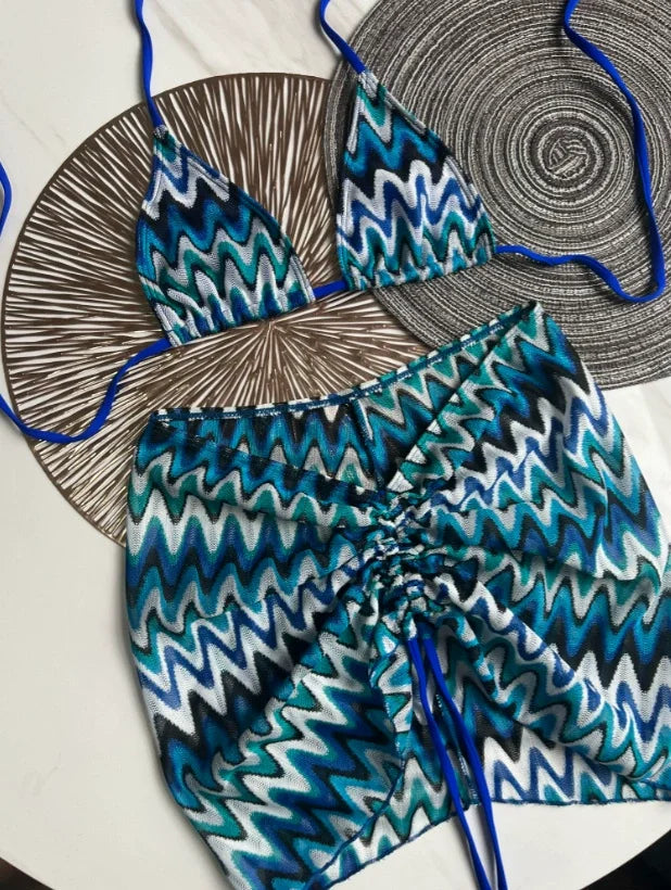 Costume da bagno donna Gonna bikini lavorata a maglia con foglie d'acero colorate Set tre pezzi Costume da bagno diviso Bikini