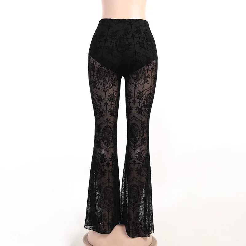 Pantaloni Donna Goth Dark Vintage Floccati Stile Gotico Sexy a Zampa d'Elefante Grunge Trasparenti in Rete a Vita Alta Punk Slim Abbigliamento Alternativo