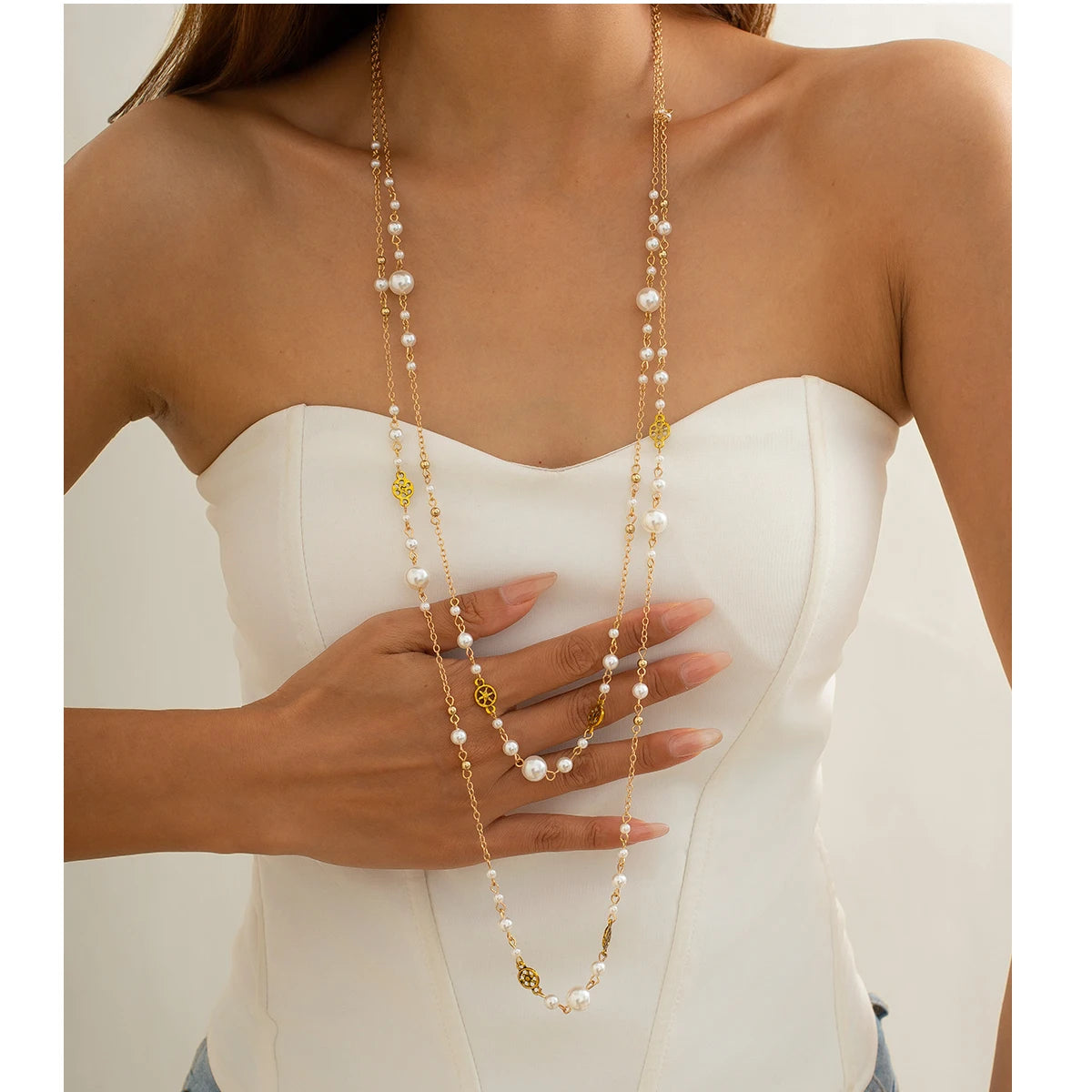 Ingemark 2 Pz/set Temperamento Imitazione Perla Collana a Catena Lunga per le Donne Dichiarazione di Moda Goth Sweather Collegamento al Collo Gioielli