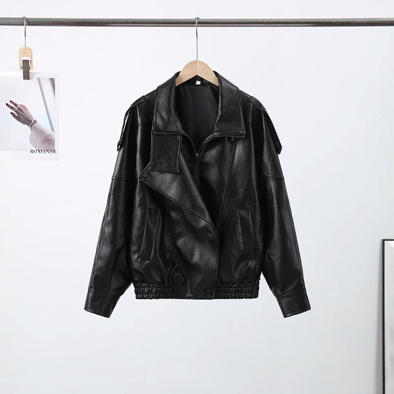 Giacche Corte in Ecopelle Nera alla Moda per Donne, Cappotti Oversize Retrò con Collo Alto e Maniche Lunghe, Abbigliamento Classico da Strada per Autunno e Inverno