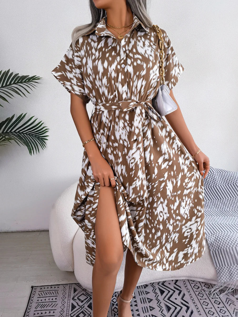 Ficusrong donna estate Casual allentato leopardo Lace Up camicia vestito per le signore moda tutti abbinati abiti Chic