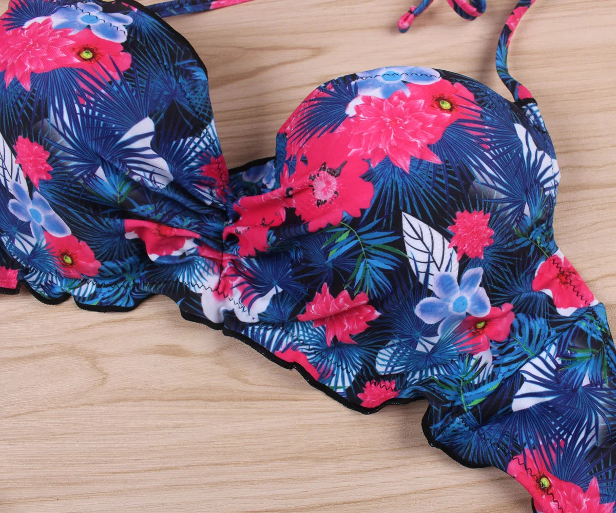 Sexy Bikini Swimsuit Womens Lettuce Floral Bathing Suit Swimwear Push Up Padded Beach Wear Swimming Suit Bikini