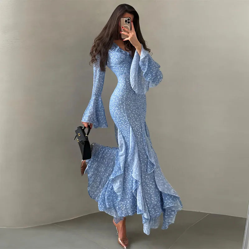Abito Lungo da Donna con Stampa, Scollo a V, Maniche a Campana, Bordo a Foglia di Loto, Vita Alta, Vestito Maxi Aderente, Elegante Abito da Sera per Feste