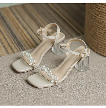 Damen-Sommersandalen 2026 Neu mit Perlen High Heels Pantoletten Mädchen mit Kristallabsatz Trendige transparente Sommerschuhe