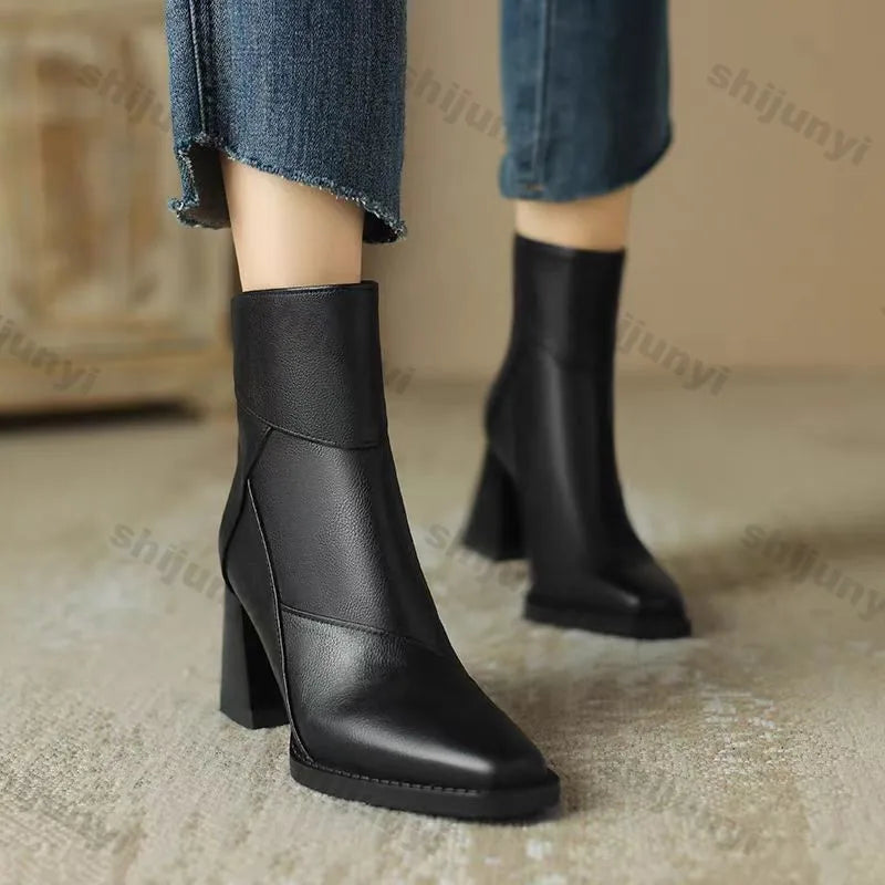 Woman Chunky Ankle Boots Women Zipper Retro Brown Soft Leather Short Boot Autumn New Square Toe Casual High Heel Booties Mujer
