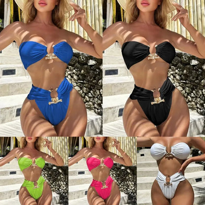 Solid Color Split Bikini Strapless Bandeau Swimwear Women Sexy Bathing Suit Beach Wear Swimming Pool Vacation Outfits for Ladies