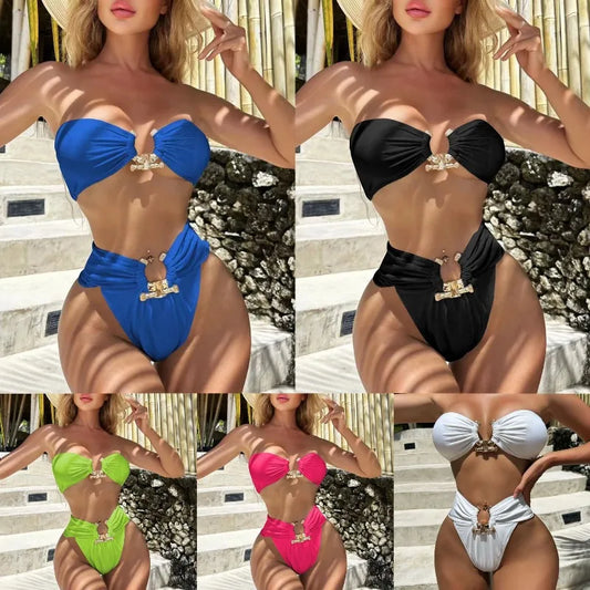 Solid Color Split Bikini Strapless Bandeau Swimwear Women Sexy Bathing Suit Beach Wear Swimming Pool Vacation Outfits for Ladies