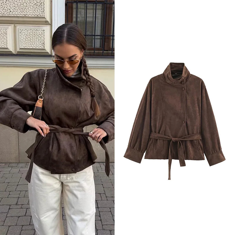 Giacche Invernali da Donna con Cintura, Nuova Collezione Autunno 2026, Collo Alto, Maniche Lunghe, Bottoni, Tasche, Giacca in Finta Pelle Scamosciata, Cappotti Chic da Donna