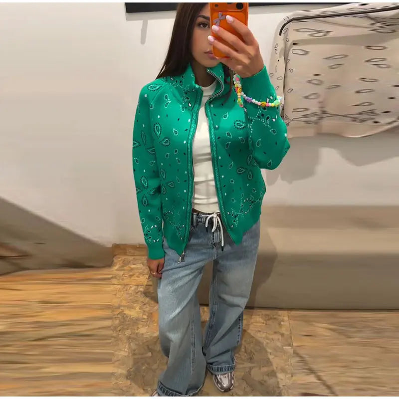 Giacca in maglia con stampa paisley per donna, colletto alto, maniche raglan, chiusura a zip, tasca frontale, cardigan autunnale 2026, giacca retrò ampia.