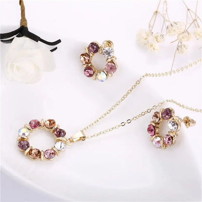 Set di orecchini con collana in oro da 3 pezzi, celebrità da donna, stile semplice e alla moda, squisiti gioielli a forma di cerchio con diamanti in vetro colorato