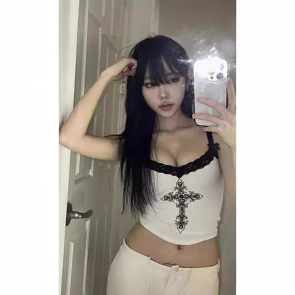 Summer new sexy hot girl slim fit tank top, European and American street style personalized printed lace top for women